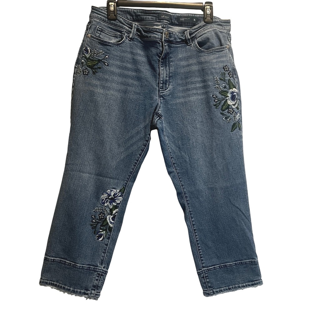 J. Jill Cropped Jeans Floral Embroidered Authentic Fit Boho Artsy Womens Sz 14
